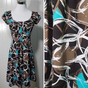 Iz Byer Artsy Babydoll 90s Y2K Retro 60s Abstract Empire Waist Fit & Flare Dress